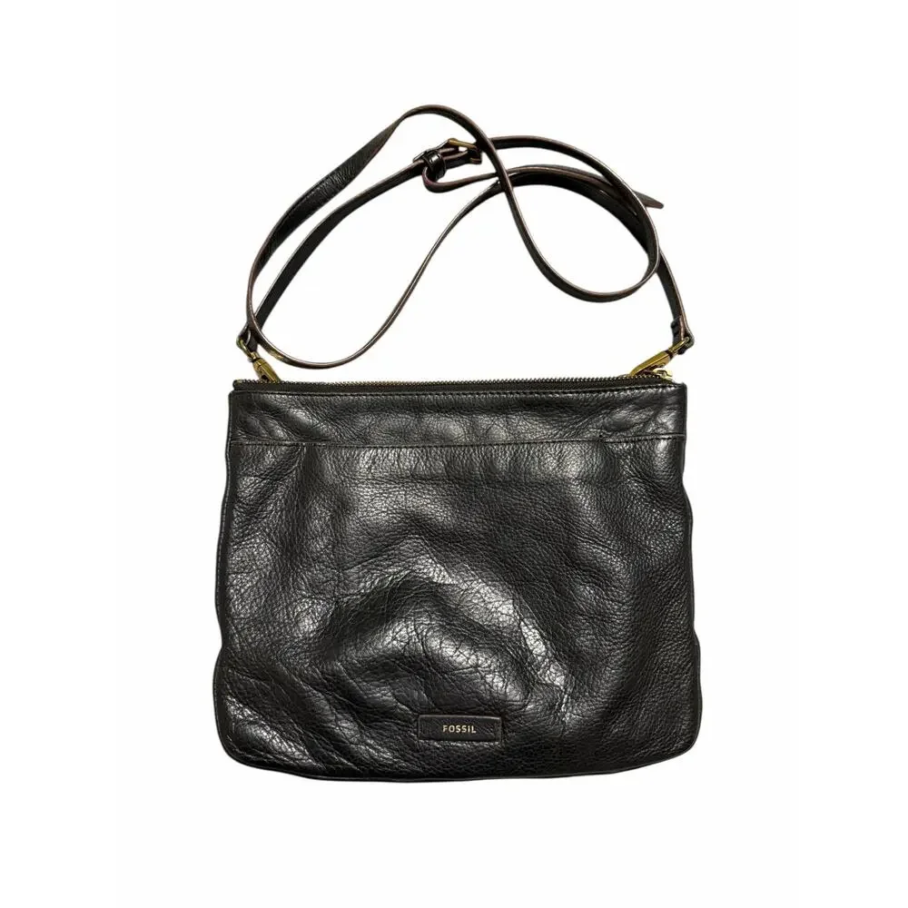 Fossil Black Leather Crossbody Bag Adjustable Strap Medium Purse - Picture 4 of 9